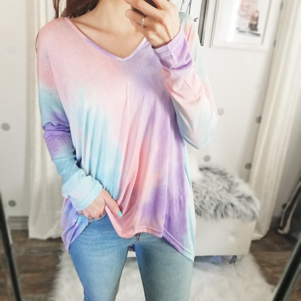 Lightweight Slub Knit Spring Top Tie Dye Dolman Top Pastel Tops - Picture 3 of 9